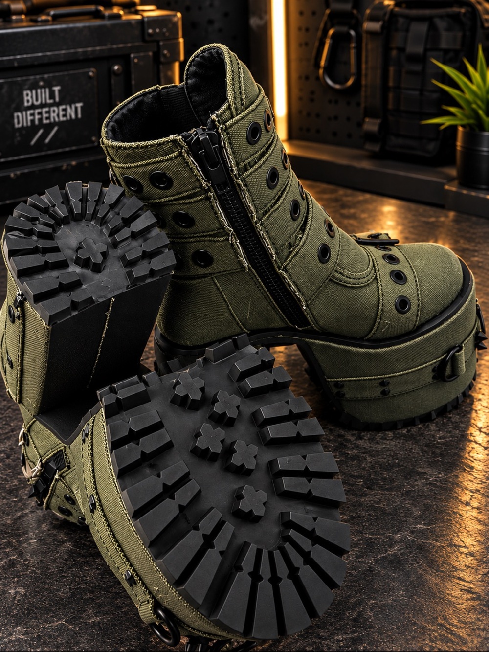 Dolls Kill Olive Green Platform Combat Boots Multi-Buckle Chunky Sole - Picture 2 of 2